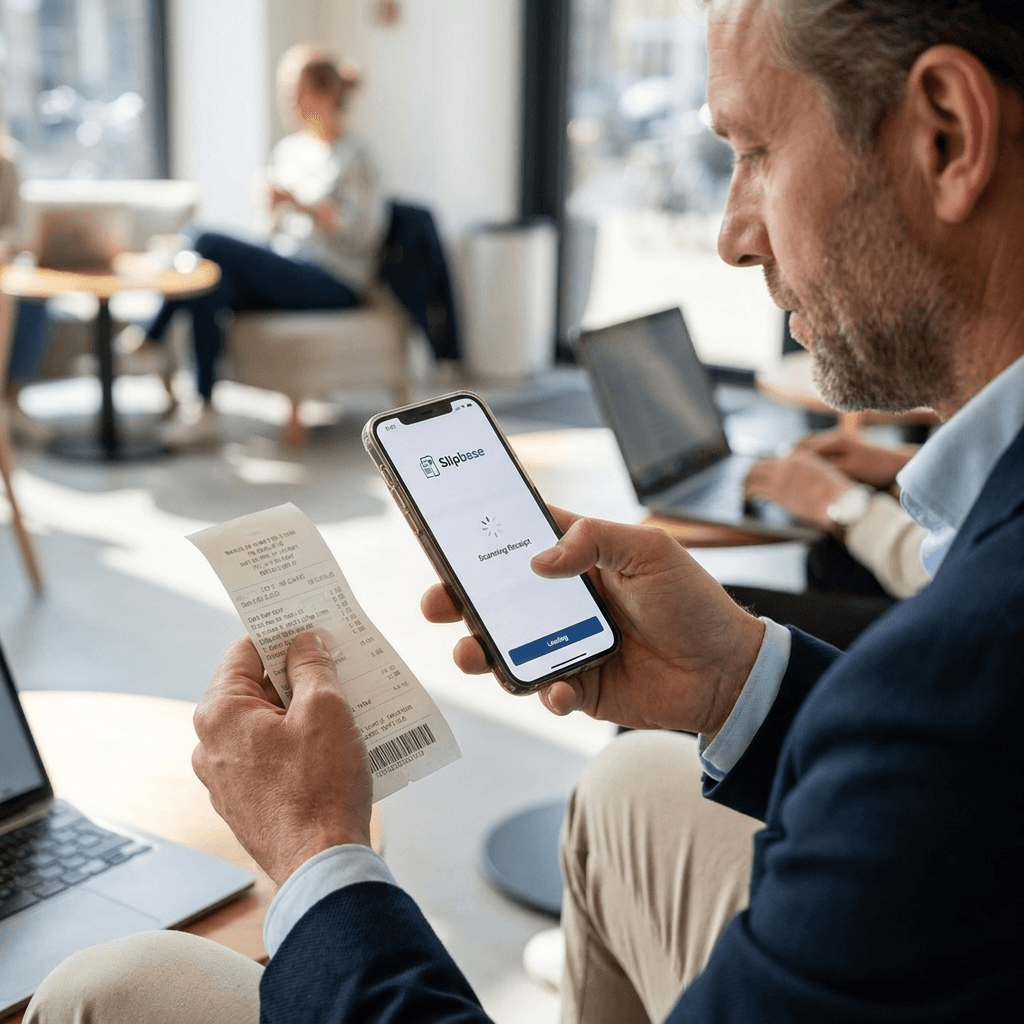 Ondernemer scant een kassabon met Slipbase — bedrag en BTW worden automatisch herkend